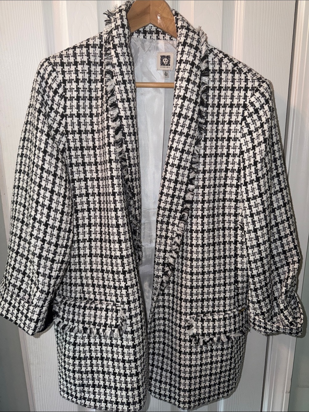 Anne Klein XL Black White Tweed Fringe Open Front Blazer Jacket